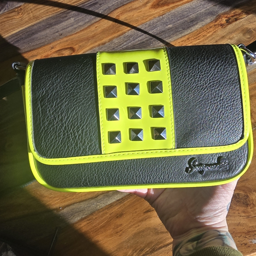 Brand New Sourpuss Neon Yellow, Black Faux Leather Studded Purse Cross Body Bag